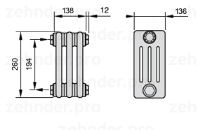 Схема (чертеж) Радиатор Zehnder Charleston 4026/3 №1270 Белый глянцевый RAL 9016